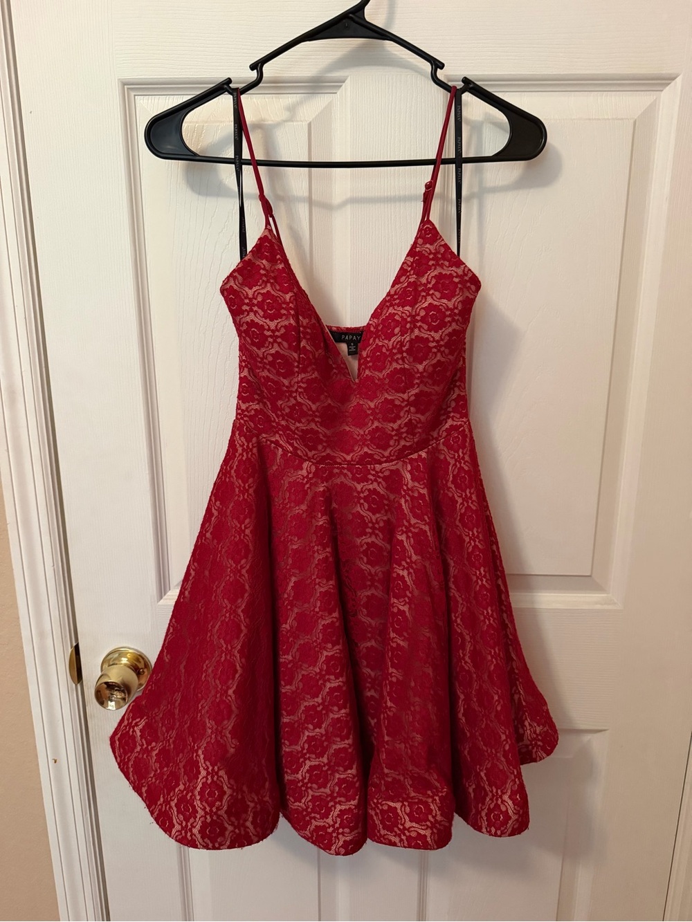 Papaya Red Lace Fit-and-Flare Mini Dress with Spaghetti Straps